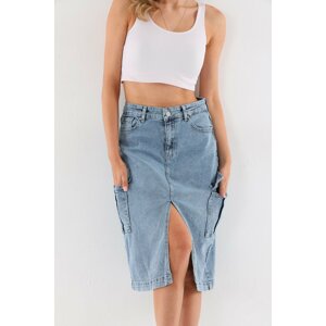 BİKELİFE Blue Cargo Pocket Detailed High Waist Slit Midi Denim Skirt