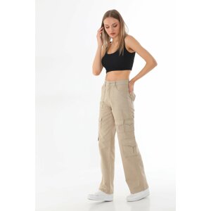 BİKELİFE Women's Beige High Waist Multi Pocket Straight Fit Cargo Pants