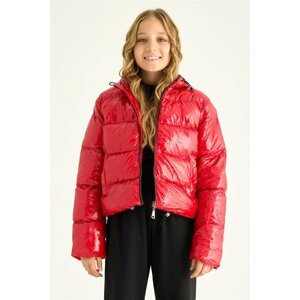 zepkids Girl's Red Colored Hooded Shiny Inflatable Coat.