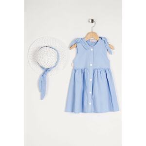 zepkids Girl's Blue Color Collar Dress with Snap Button and Hat