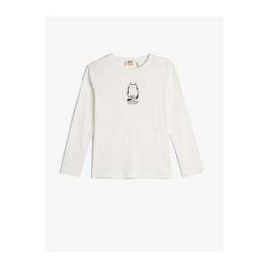 Koton T-Shirt Long Sleeved Crew Neck Cat Printed Cotton