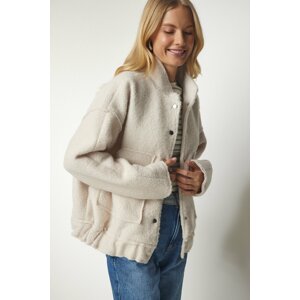 Happiness İstanbul Women's Cream Snap fastener Oversized Boucle Jacket