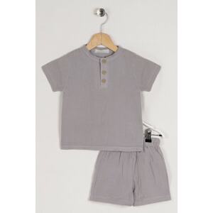 zepkids Boy's Gray Crewneck Button Detailed Short Sleeve Set with Shorts.