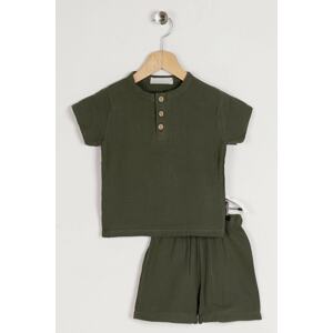 zepkids Boy's Khaki Crew Neck Button Detailed Short Sleeve Set with Shorts.