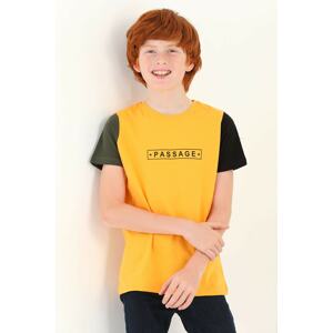 zepkids Boys Mustard-Colored Round Neck Passage Printed Short Sleeved T-Shirt