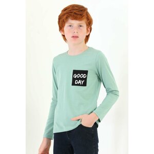 zepkids Boys' Teak Green Colored Good Day Printed Long Sleeved T-Shirt with Front Pocket.