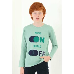 zepkids Boys' Tea-Green Colored Crew Neck Music On Printed Long Sleeved T-Shirt for Boys.
