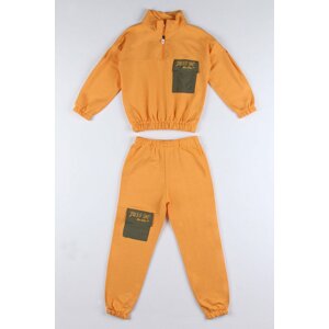 zepkids Girl Mustard-colored Just Do Printed Tracksuit Set with Pockets, Zipper and Elastic Waist.