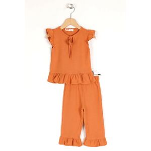 zepkids Girl's Tile-Colored Waffle Trousers With Ruffles Double Set.