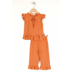 zepkids Girl's Tile-Colored Waffle Trousers With Ruffles Double Set.