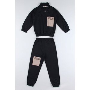 zepkids Girls' Navy Blue Colored Just Do Printed Tracksuit Set with Zipper and Elastic Waist.