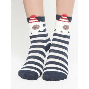 Striped socks with dog application with white and blue patch