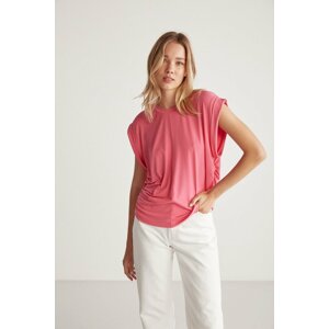 GRIMELANGE Roberta Women's Sandy Flowy And Stretchy Fabric Oversize Pink Blous