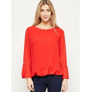 Red chiffon blouse with Yups pearls