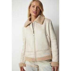 Happiness İstanbul Women's Cream Plush Detailed Nubuck Coat