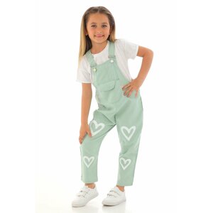 zepkids Girl Kid's Tea-Green Color Heart Printed Kangaroo Pocket Overalls.