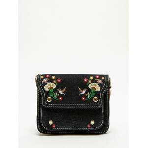 Handbag made of combined materials with oriental embroidery on the flap black