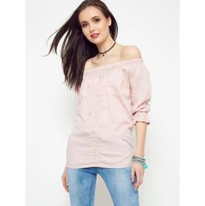 Blouse with pearls revealing shoulders light pink