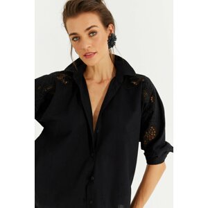 Cool & Sexy Women's Black Scalloped Bat Sleeve Linen Shirt TD150