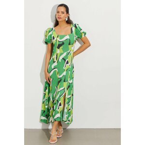 Cool & Sexy Women's Green Square Collar Slit Patterned Midi Dress