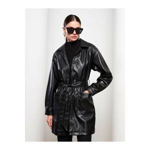 LC Waikiki Women's Leather-Look Coats with a Shirt Collar and Long Sleeves.