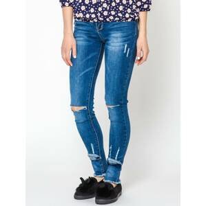 Jeans decorated with cuts on the knees and numerous abrasions navy blue