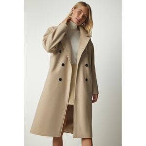 Happiness İstanbul Women's Beige Double Breasted Collar Oversized Cachet Coat