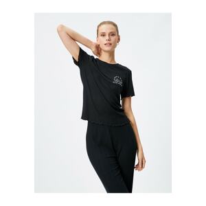 Koton Short-Sleeved Pajama Top with Textured Motto Embroidered Crew Neck Modal