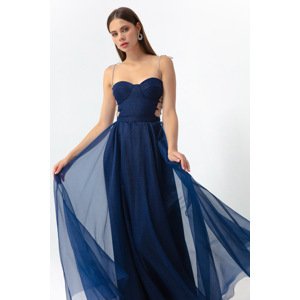 Lafaba Women's Navy Blue Gemstone Straps, Glittery Glittery, Flare Cut Long Evening Dress.