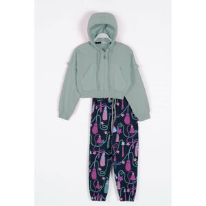 zepkids Girls' Green Colored Hooded Cardigan Suit