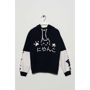 zepkids Girls' Navy Blue Color Cat Printed Kangaroo Pocket Sweatshirt.