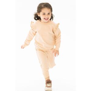 zepkids Girls' Beige Crew Neck Ruffle Detail Shoulders Double Set.