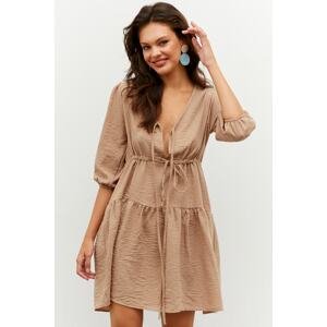 Cool & Sexy Women Camel Waist Tie Flounce Linen Dress