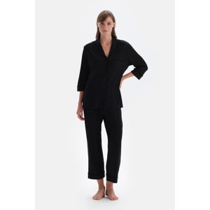 Dagi Black Velvet Stripe Detailed Shirt Pants Pajamas Set