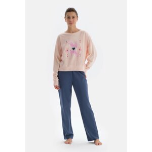 Dagi Animal Salmon Print Detailed Long Sleeve Pajamas Set