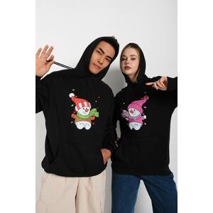 K&H TWENTY-ONE Black Unisex Binary Christmas Snowman Printed Oversize Hooded Sweatshirt Hoodie.