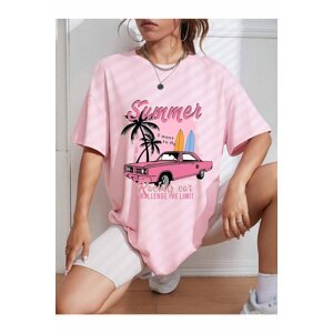 K&H TWENTY-ONE Women's Pink Summer Racing Car Printed Oversized T-shirt.