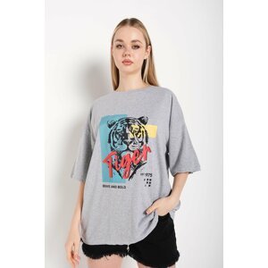 K&H TWENTY-ONE Women's Oversize Gray Tiger Print T-shirt