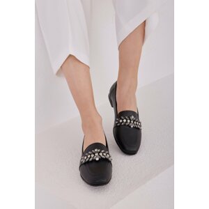 Madamra Women's Black Stone Detailed Flat Shoes