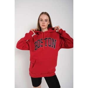 K&H TWENTY-ONE Women's Red Oversized Boston Printed Sweatshirt with Hoodie 000