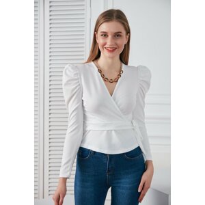 HAKKE Belted Waist Shoulder Detail Scuba Blouse