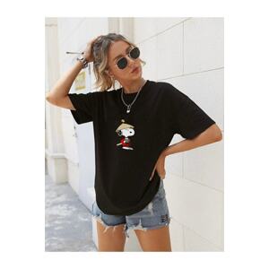 K&H TWENTY-ONE Women's Black Oversized Snoopy Printed T-Shirt