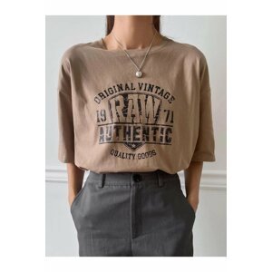 MOONBULL Women's Raw Printed Crew Neck Light Brown Oversized Tshirt