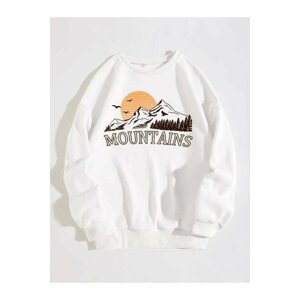 MOONBULL Mountains Printed White Oversized Sweatshirt