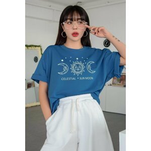 MOONBULL Women's Oversize Blue Moon Printed T-shirt