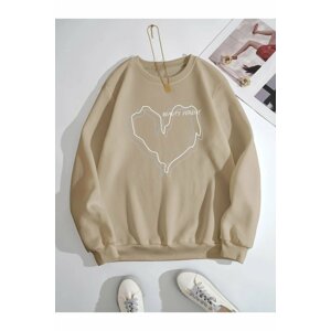 MOONBULL Beige Oversized 3hearts Print Sweatshirt