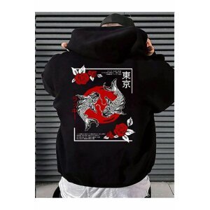 MOONBULL Unisex Japanese Back Printed Black Hooded Sweatshirt