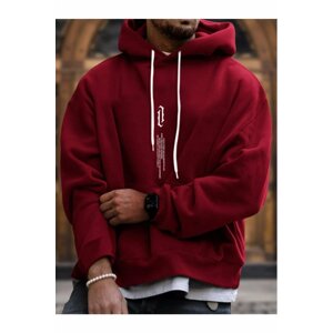 MOONBULL Oversized Burgundy Vertical Printed Hooded Sweatshirt.