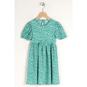 zepkids Girls' Floral Green Colored Patterned Crewneck Ribbon Detail Dress