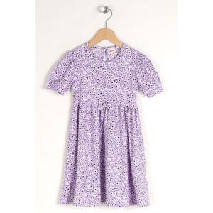 zepkids Girls' Floral Lilac Colored Patterned Crewneck Ribbon Detail Dress